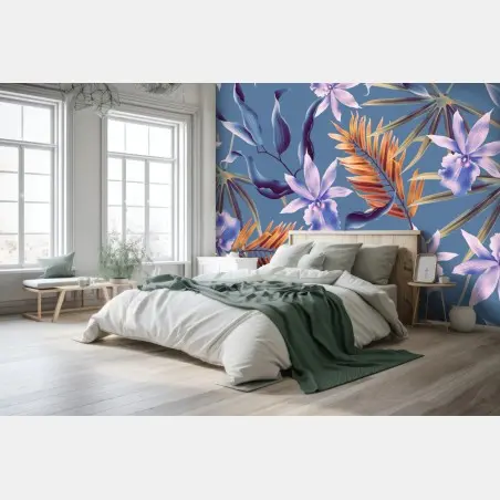 Papier peint motif floral tropical aux orchidées violettes – Wallnifity®