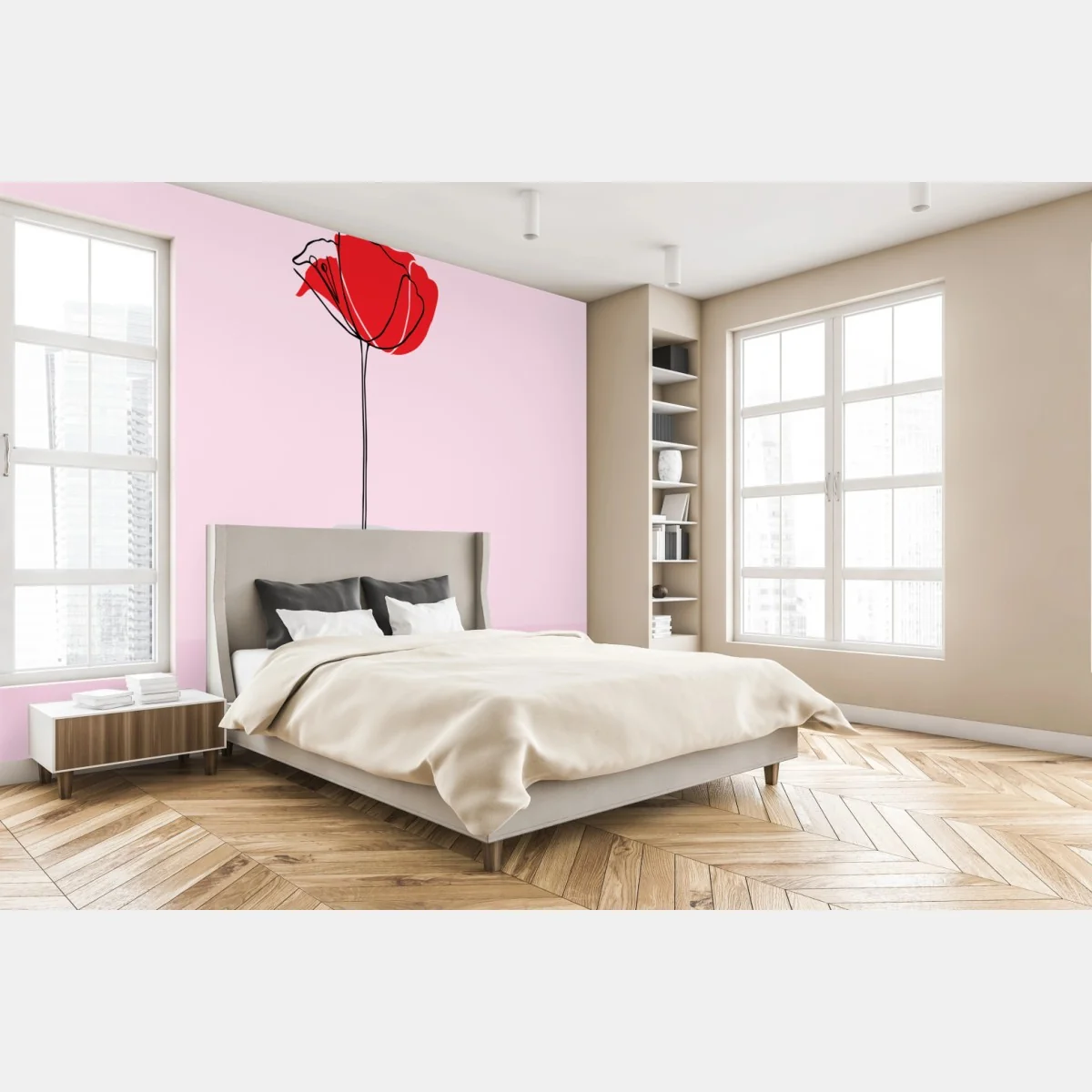 Papier peint coquelicot rouge minimaliste sur fond rose – Wallnifity® Papier peint coquelicot rouge minimaliste sur fond rose – Wallnifity®