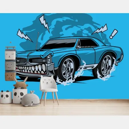 Papier peint voiture musclée graphique sur fond bleu – Wallnifity®