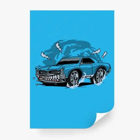 Papier peint voiture musclée graphique sur fond bleu – Wallnifity®