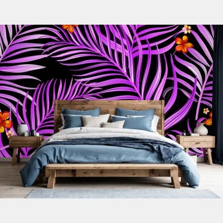 Papier peint motif tropical violet aux hibiscus rouges – Wallnifity®