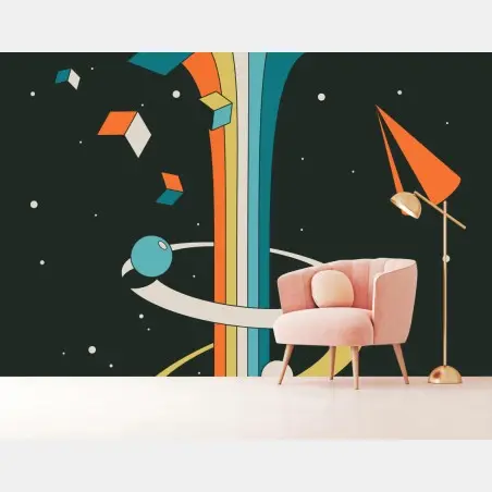 Papier peint explosion cosmique rétro en couleurs vives – Wallnifity®