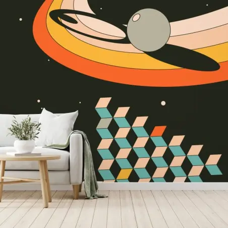 Papier peint vagues cosmiques rétro et formes géométriques – Wallnifity®