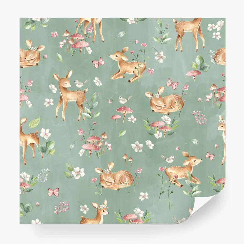 Papier peint faons enchantés sur fond vert sauge – Wallnifity® Papier peint faons enchantés sur fond vert sauge – Wallnifity®