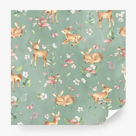 Papier peint faons enchantés sur fond vert sauge – Wallnifity®
