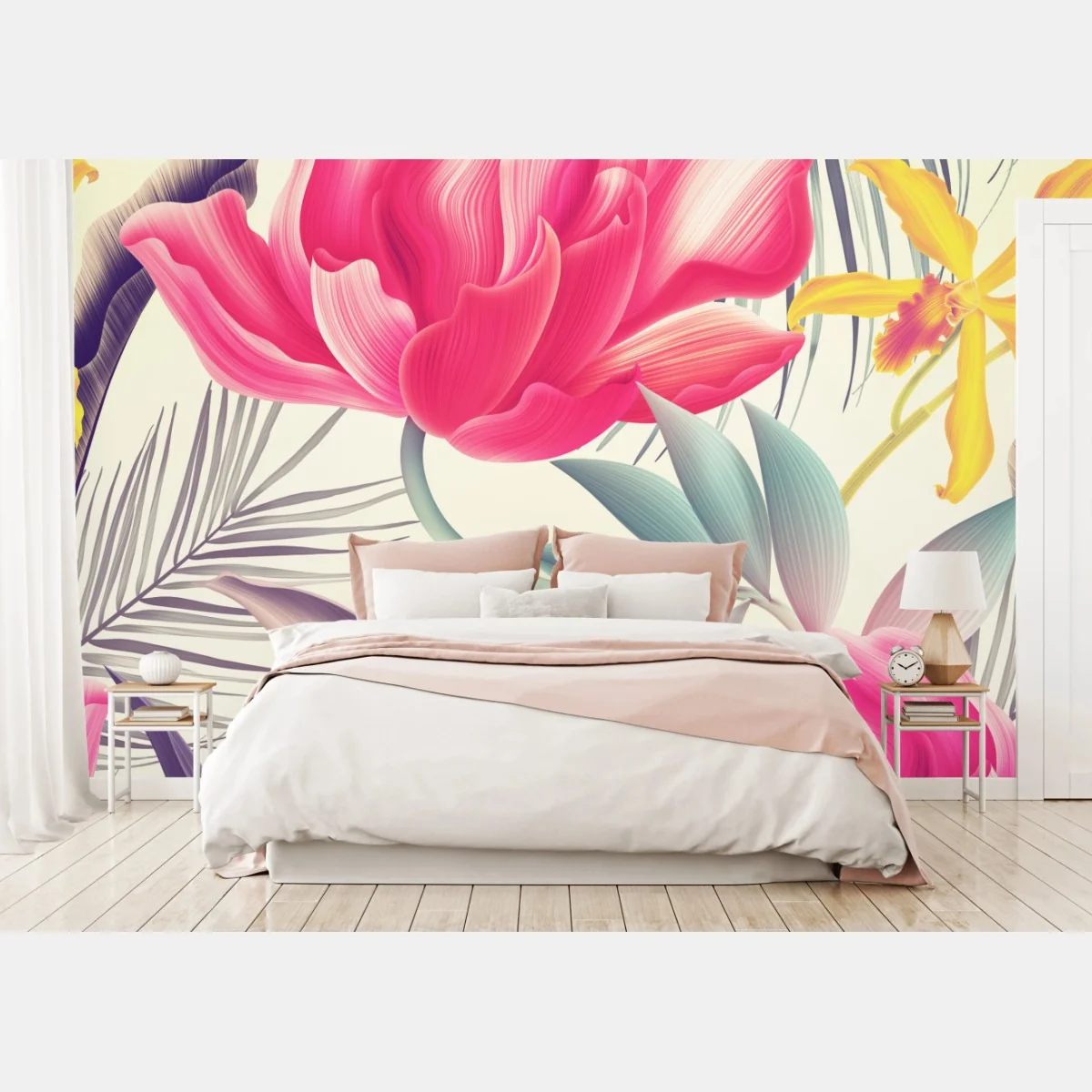 Papier peint fleurs tropicales éclatantes sur fond crème – Wallnifity® Papier peint fleurs tropicales éclatantes sur fond crème – Wallnifity®