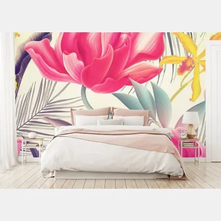 Papier peint fleurs tropicales éclatantes sur fond crème – Wallnifity®