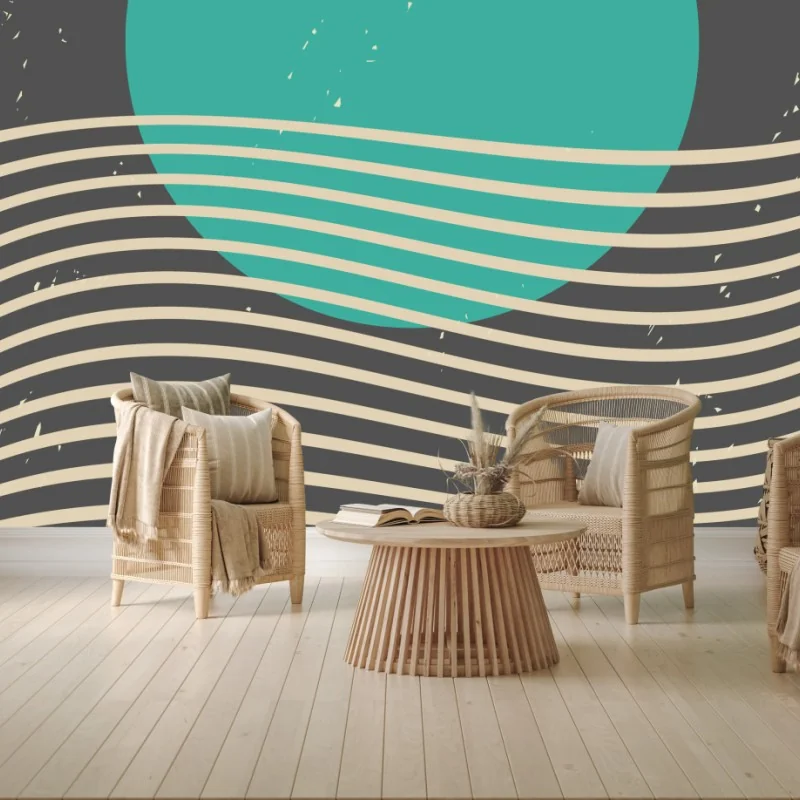 Papier peint paysage minimaliste soleil turquoise et vagues stylisées – Wallnifity® Papier peint paysage minimaliste soleil turquoise et vagues stylisées – Wallnifity®
