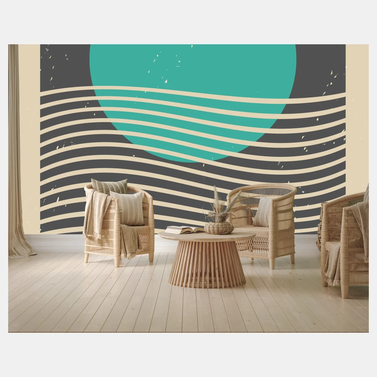 Papier peint paysage minimaliste soleil turquoise et vagues stylisées – Wallnifity® Papier peint paysage minimaliste soleil turquoise et vagues stylisées – Wallnifity®