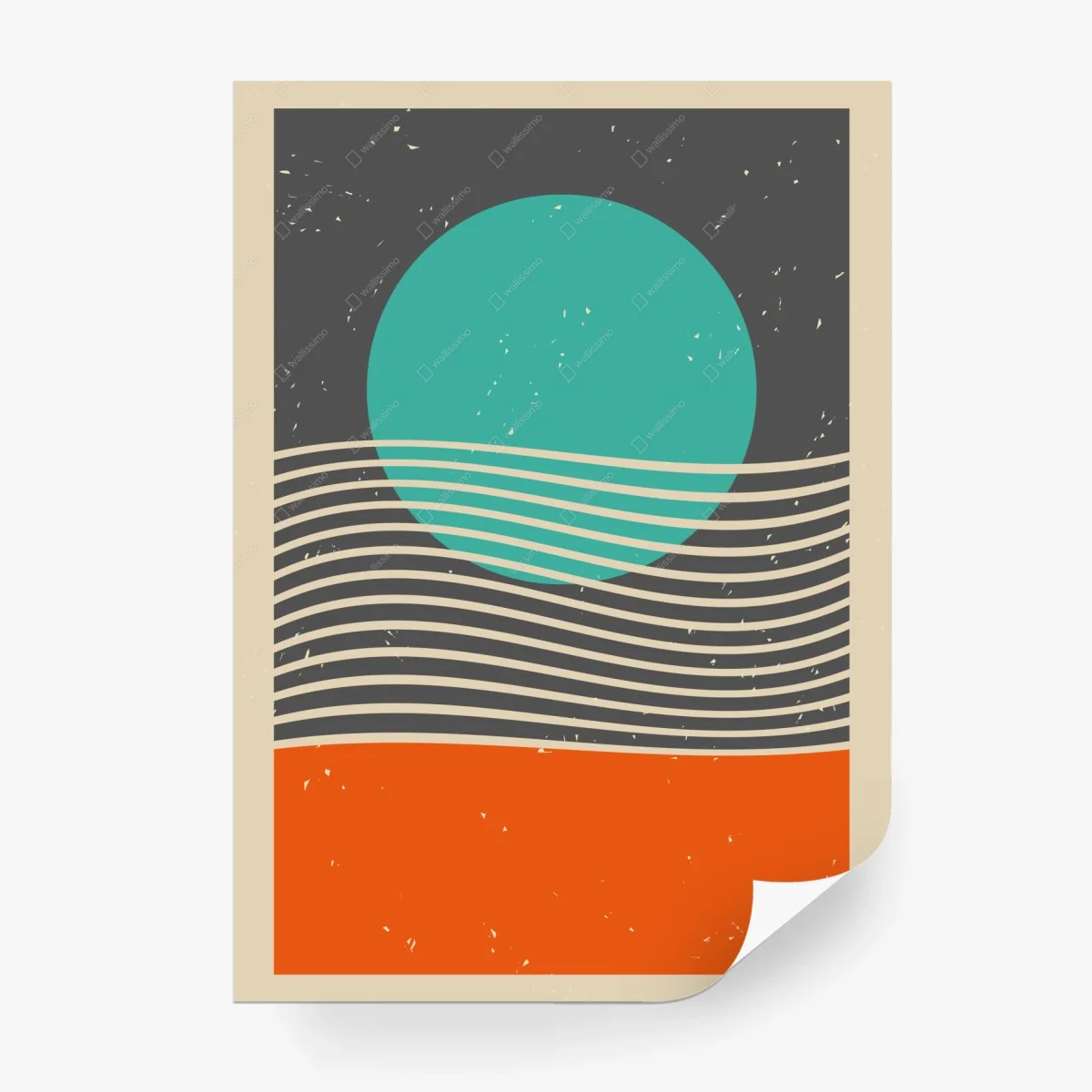 Papier peint paysage minimaliste soleil turquoise et vagues stylisées – Wallnifity® Papier peint paysage minimaliste soleil turquoise et vagues stylisées – Wallnifity®