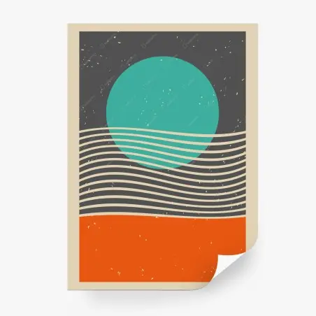 Papier peint paysage minimaliste soleil turquoise et vagues stylisées – Wallnifity®