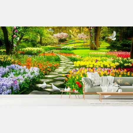 Papier peint chemin fleuri printanier dans un jardin enchanté – Wallnifity®