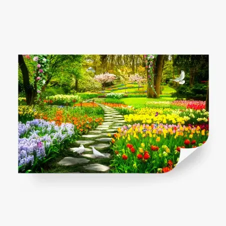 Papier peint chemin fleuri printanier dans un jardin enchanté – Wallnifity®