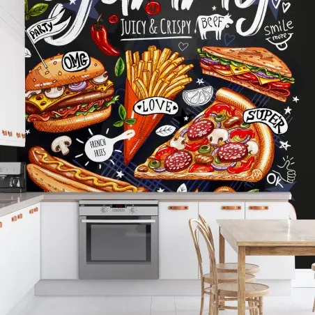 Papier peint illustration gourmande de street food colorée – Wallnifity®
