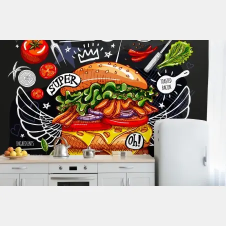 Papier peint burgers gourmands et colorés – Wallnifity®