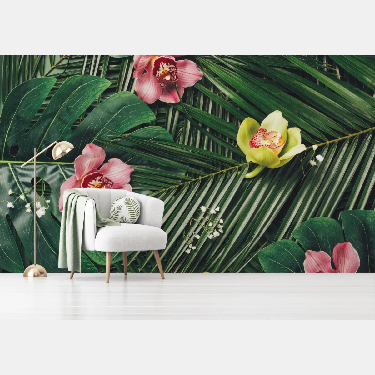 Papier peint motif tropical d'orchidées et de feuilles de monstera – Wallnifity® Papier peint motif tropical d'orchidées et de feuilles de monstera – Wallnifity®