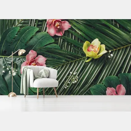 Papier peint motif tropical d'orchidées et de feuilles de monstera – Wallnifity®