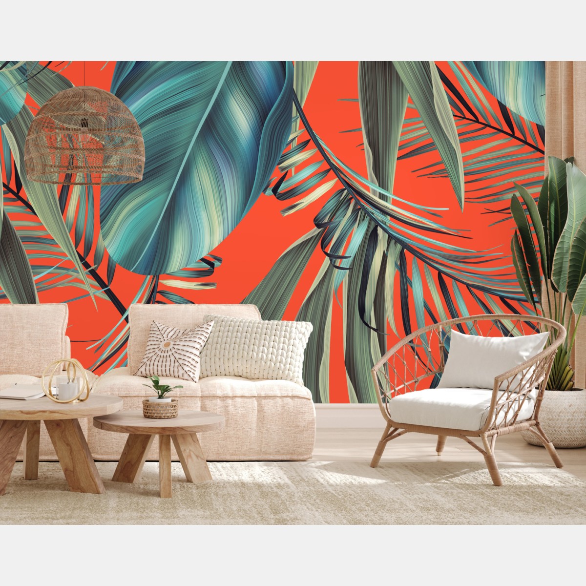 Papier peint motif feuilles tropicales sur fond corail – Wallnifity®