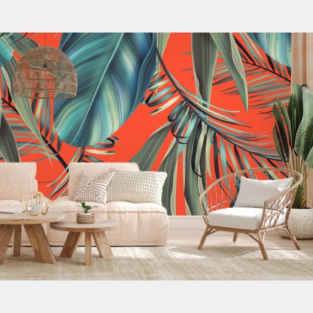 Papier peint motif feuilles tropicales sur fond corail – Wallnifity®