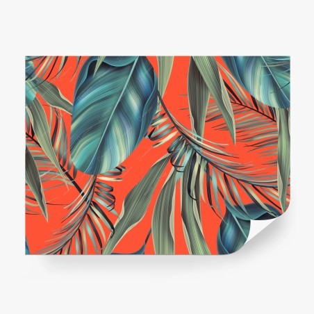 Papier peint motif feuilles tropicales sur fond corail – Wallnifity®