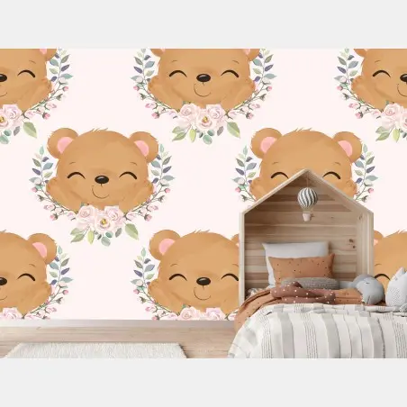 Papier peint adorable motif d'ours souriant à la couronne de fleurs – Wallnifity®