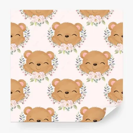 Papier peint adorable motif d'ours souriant à la couronne de fleurs – Wallnifity®