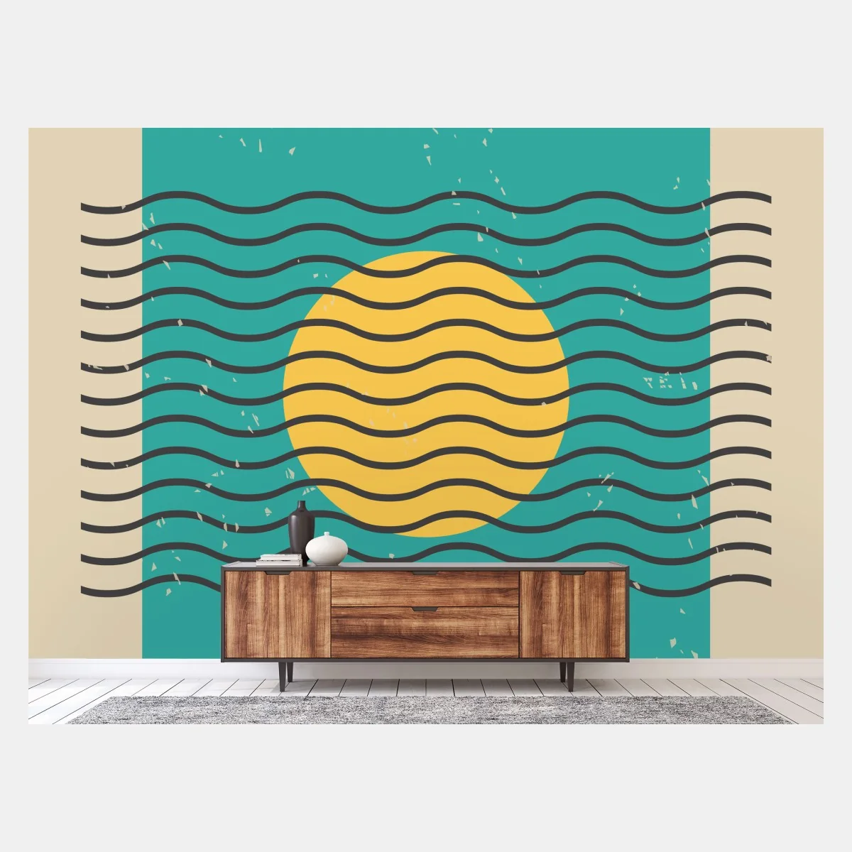 Papier peint coucher de soleil graphique sur mer turquoise – Wallnifity® Papier peint coucher de soleil graphique sur mer turquoise – Wallnifity®