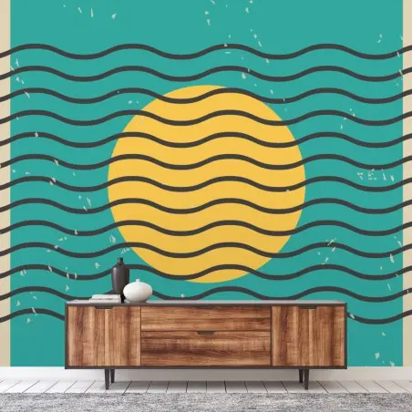 Papier peint coucher de soleil graphique sur mer turquoise – Wallnifity®