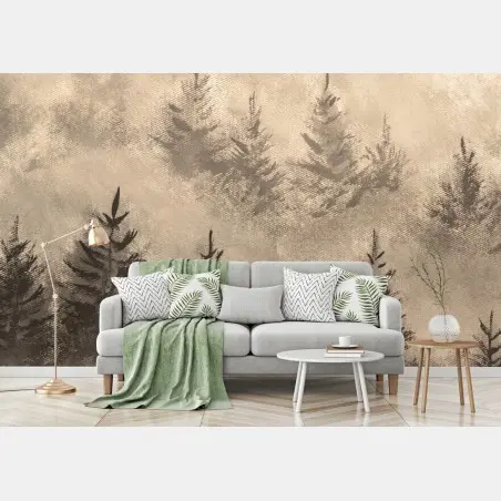 Papier peint paysage brumeux de montagne aux sapins vintage – Wallnifity®