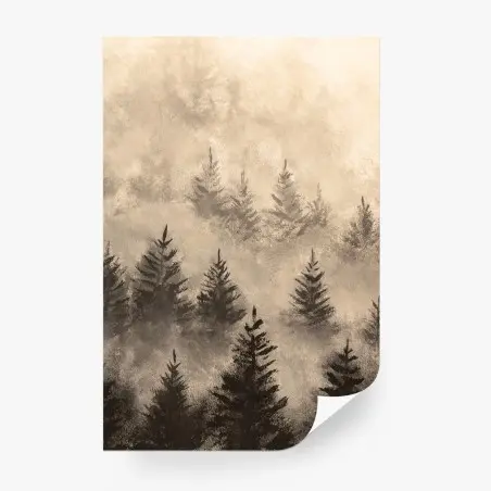 Papier peint paysage brumeux de montagne aux sapins vintage – Wallnifity®