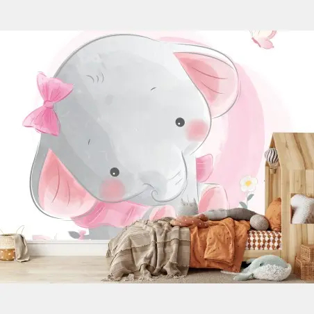 Papier peint adorable éléphant rose pour décoration murale enfantine – Wallnifity®