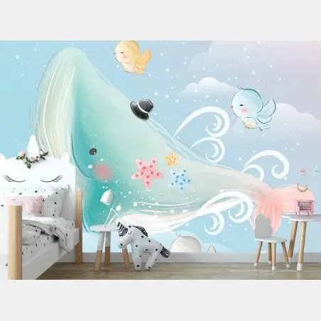 Papier peint baleine rêveuse dans un ciel pastel – Wallnifity®