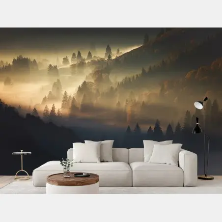 Papier peint forêt brumeuse au lever du soleil – Wallnifity®