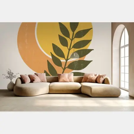 Papier peint soleil et feuillage abstrait bohème – Wallnifity®