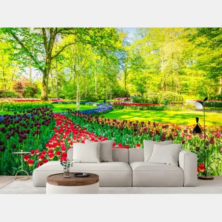 Papier peint paysage de tulipes dans un parc printanier – Wallnifity®