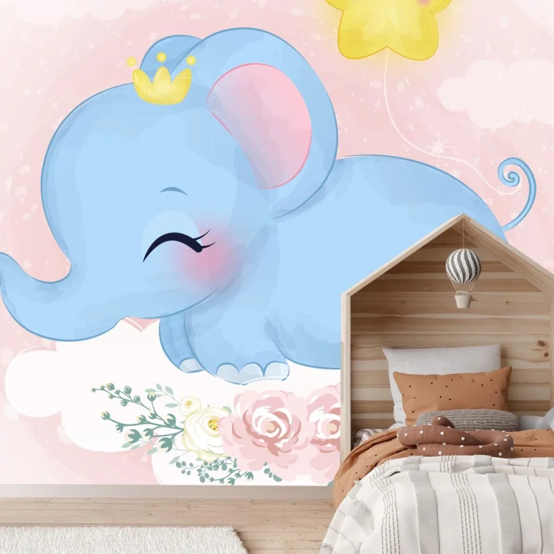 Papier peint éléphant bleu royal sur nuage fleuri