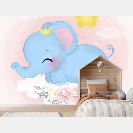 Papier peint éléphant bleu royal sur nuage fleuri – Wallnifity®