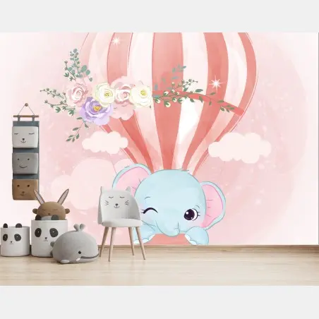 Papier peint rêve en montgolfière avec un éléphant mignon – Wallnifity®