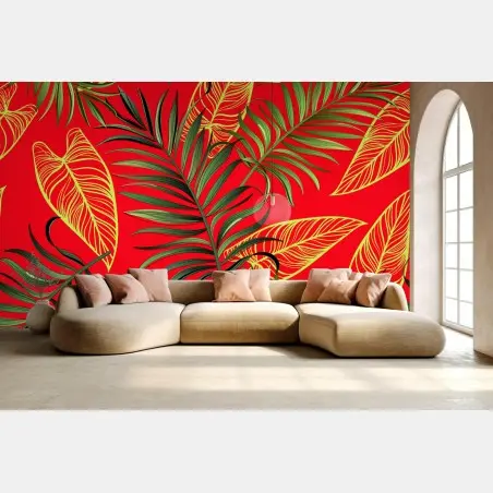 Papier peint motif tropical de feuilles de palmier sur fond rouge – Wallnifity®