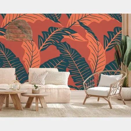 Papier peint motif feuilles tropicales corail et bleu canard – Wallnifity®