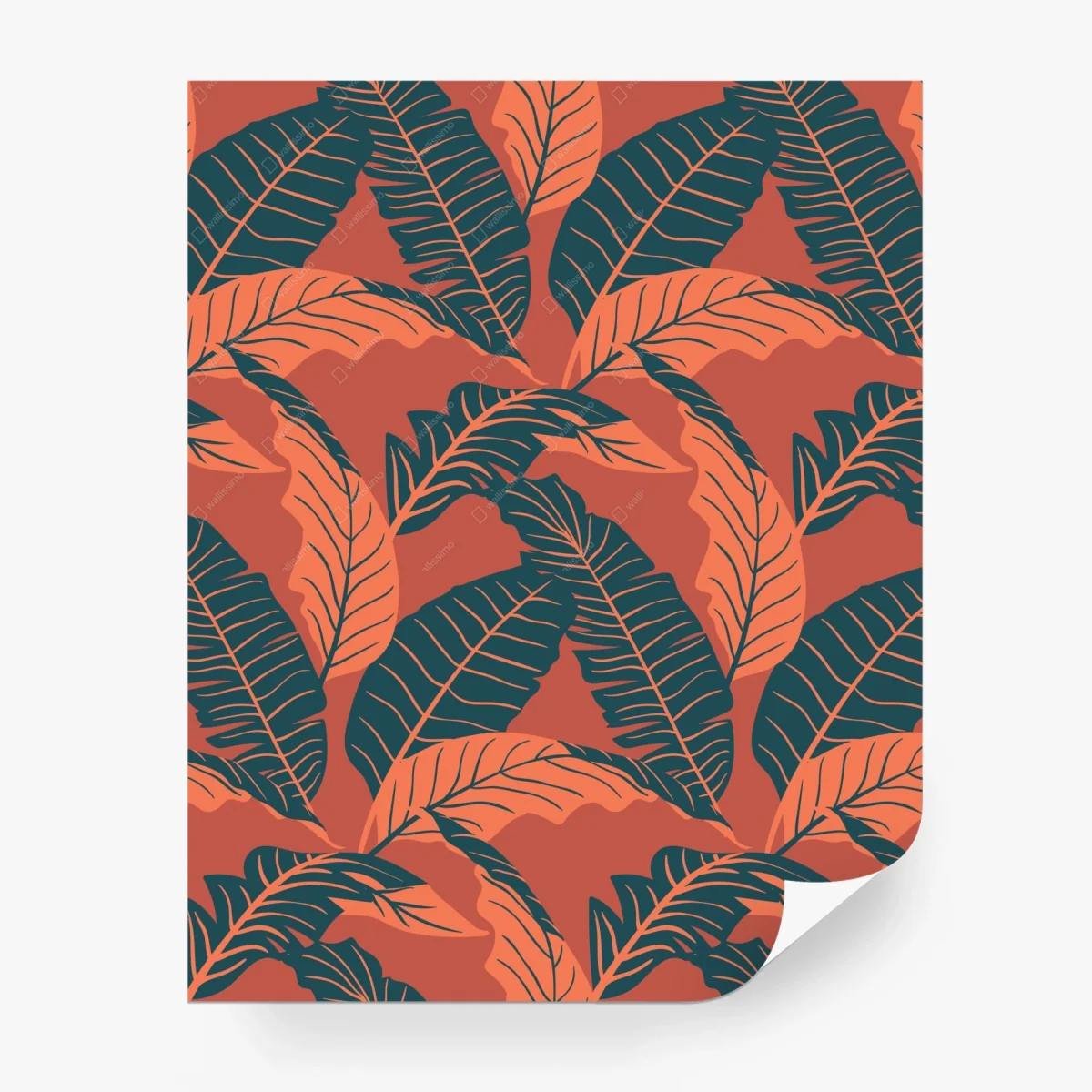 Papier peint motif feuilles tropicales corail et bleu canard – Wallnifity®