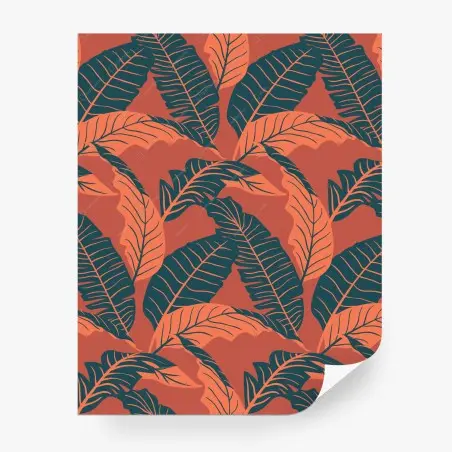 Papier peint motif feuilles tropicales corail et bleu canard – Wallnifity®