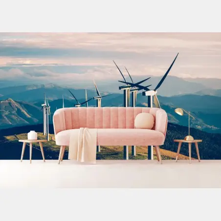 Papier peint horizon d'éoliennes sur crête montagneuse – Wallnifity®
