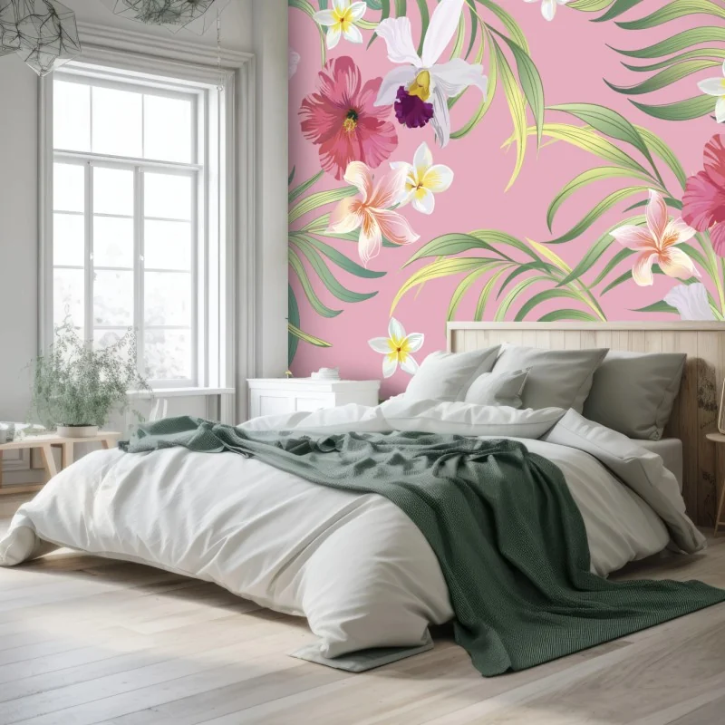 Papier peint motif floral tropical sur fond rose – Wallnifity® Papier peint motif floral tropical sur fond rose – Wallnifity®