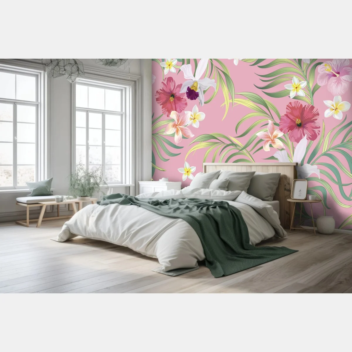 Papier peint motif floral tropical sur fond rose – Wallnifity® Papier peint motif floral tropical sur fond rose – Wallnifity®