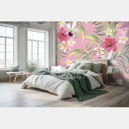 Papier peint motif floral tropical sur fond rose – Wallnifity®