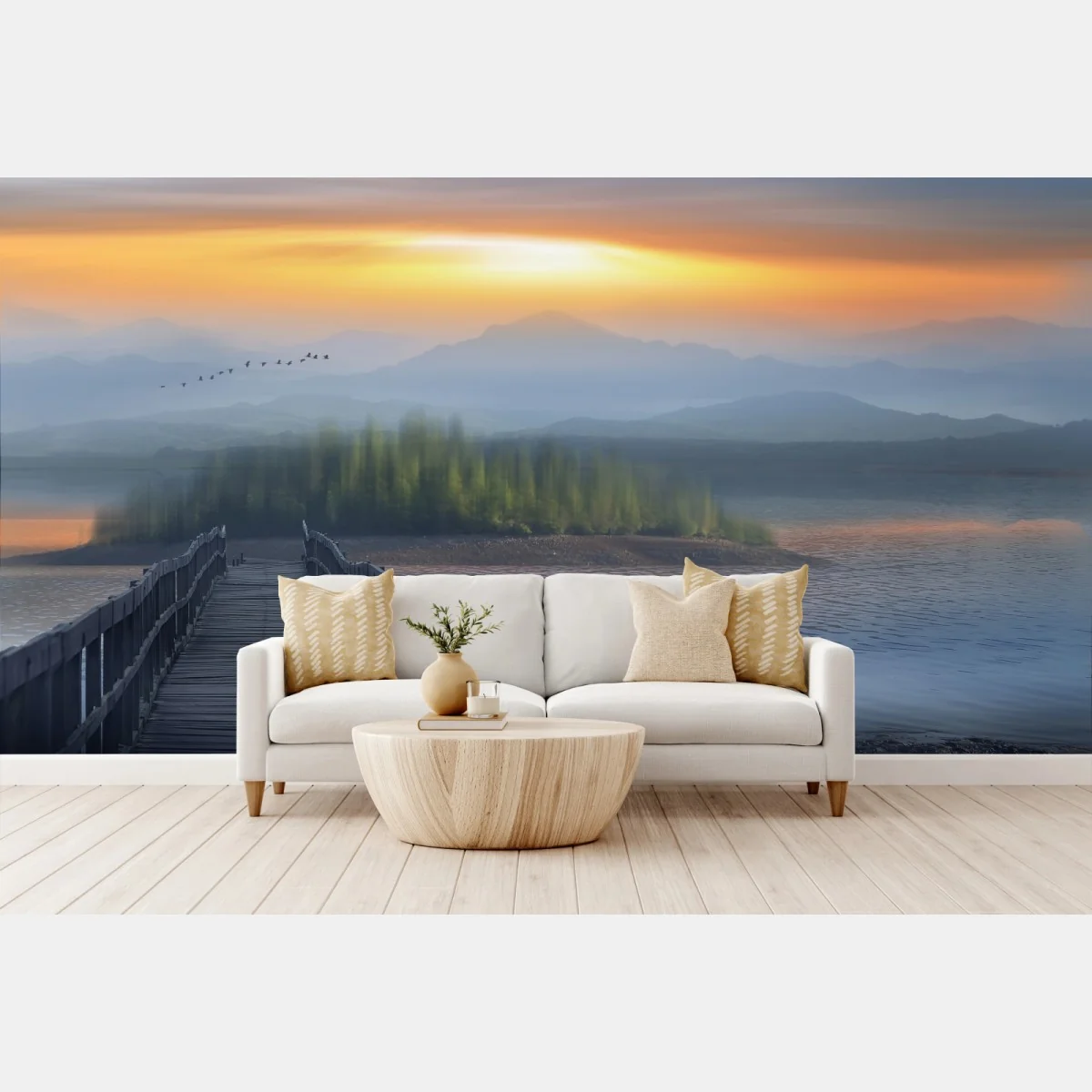 Papier peint jetée vers l'île brumeuse au coucher de soleil – Wallnifity® Papier peint jetée vers l'île brumeuse au coucher de soleil – Wallnifity®
