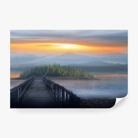 Papier peint jetée vers l'île brumeuse au coucher de soleil – Wallnifity®