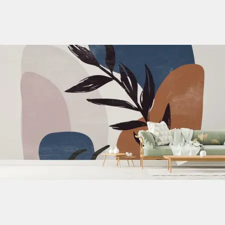 Papier peint composition botanique abstraite aux tons terre et bleu – Wallnifity®