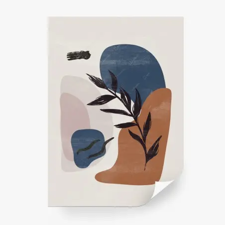 Papier peint composition botanique abstraite aux tons terre et bleu – Wallnifity®